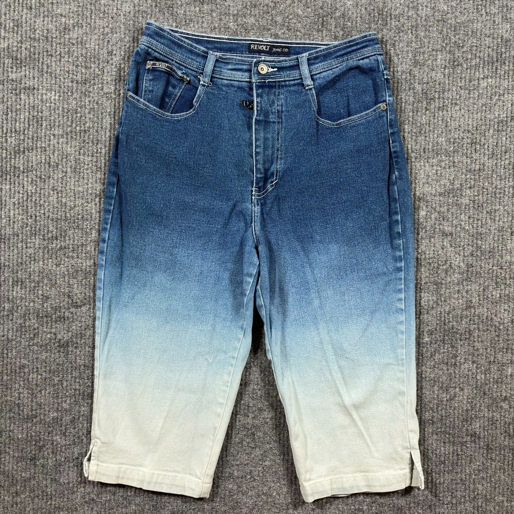 Revolt Jeans Co Womens Capri Size 14 Ombre Faded Denim Embroidered High Rise